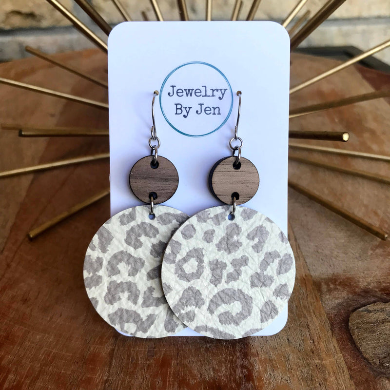 Cream Cheetah Leather Circle Earrings